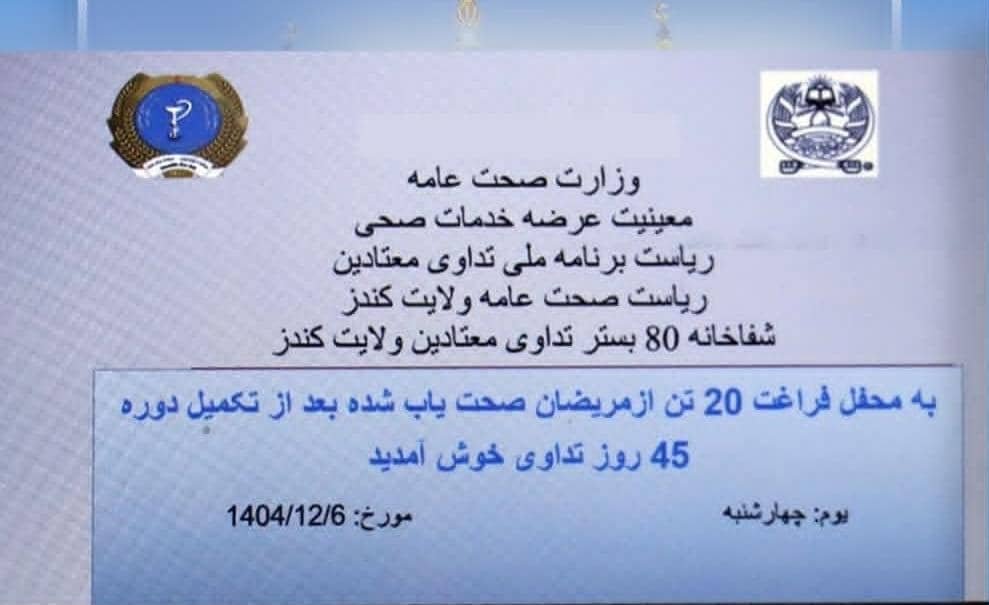 صحتیابی ۲۰ معتاد پس از ۴۵ روز درمان در کندز